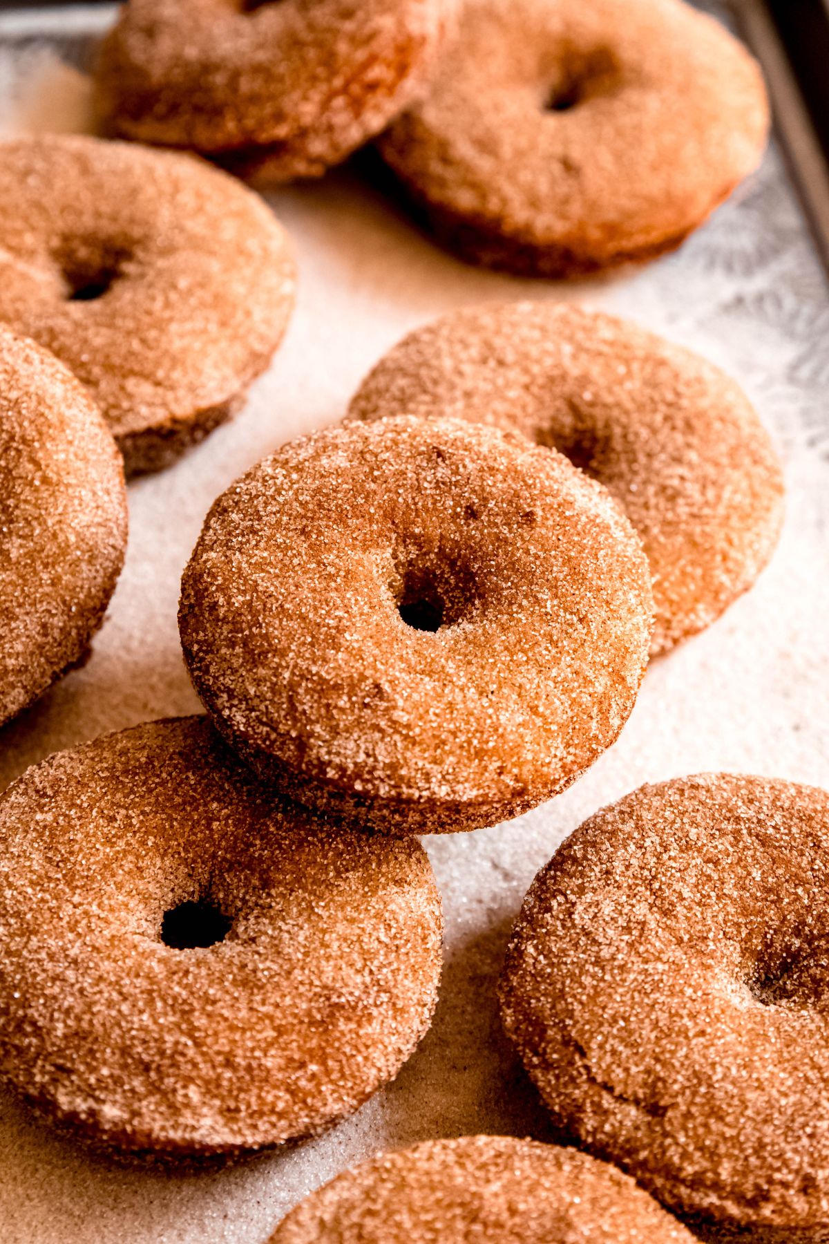 45 degree angle of a jumble of baked apple cider doughnuts on a baking sheet with cinnamon sugar; one is resting atop a few beneath and is in focus, while the rest are blurred a bit.