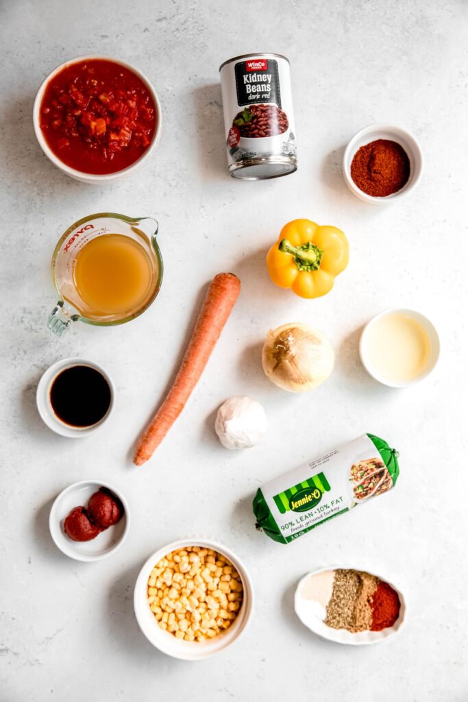 All the ingredients for the turkey chili filling on the counter.