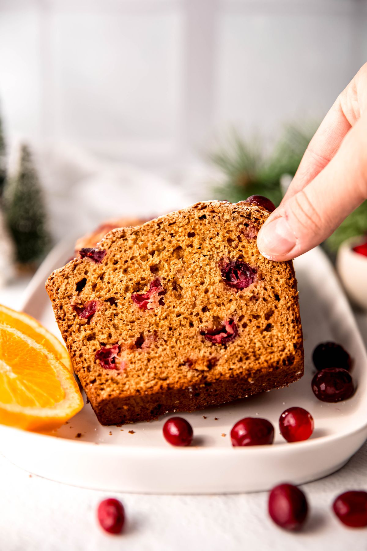 hand grabbing a slice of healthy cranberry orange bread from a white plate with a few fresh cranberries and a couple of rounds of fresh orange slices.