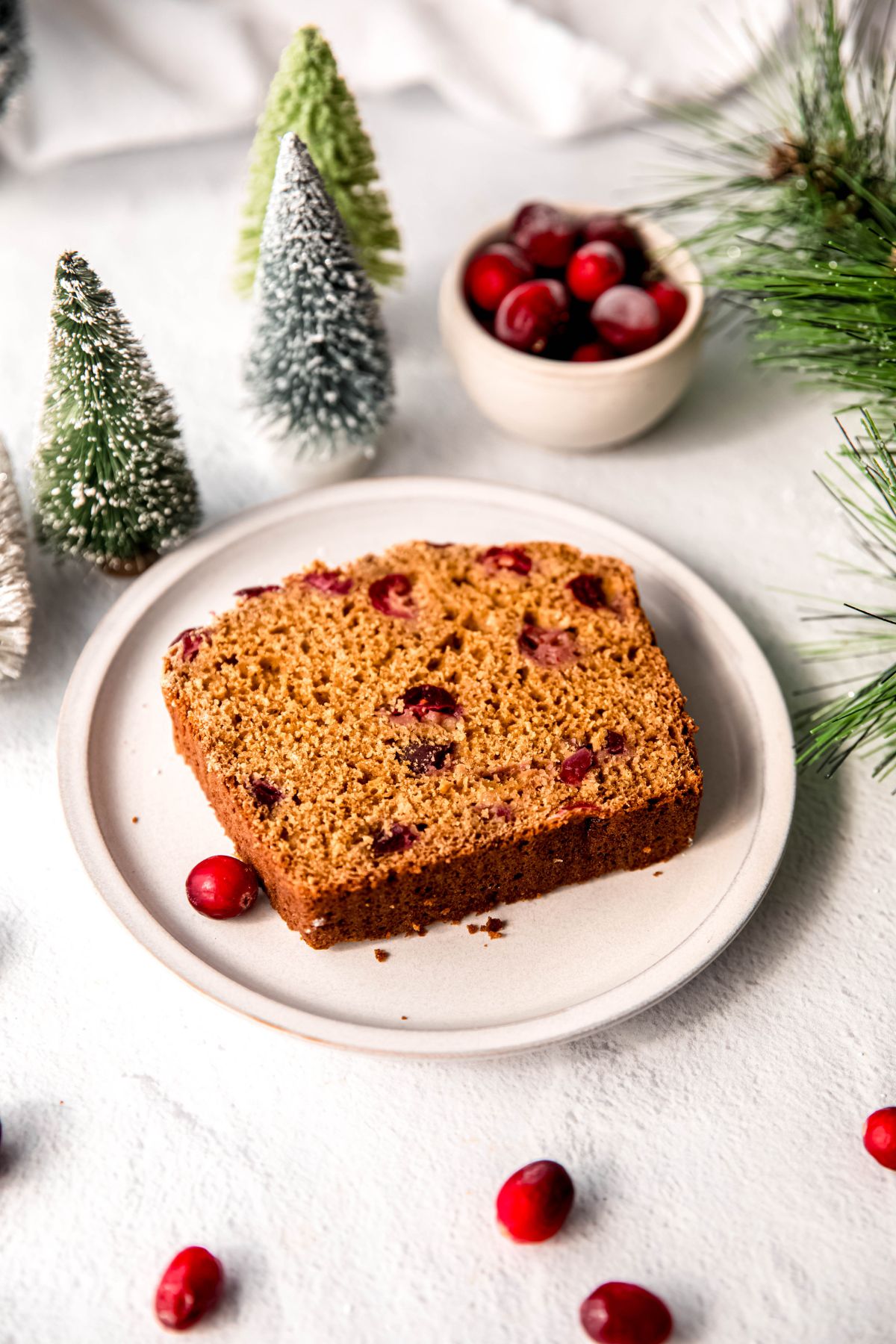 slice of whole wheat cranberry and orange bread on a white plate on a white table with white and green flocked bottle brush christmas trees and a white pinch bowl filled with frozen cranberries.