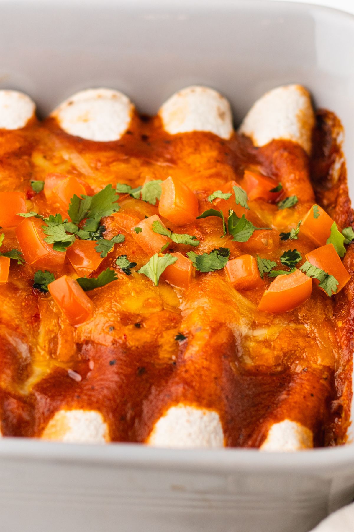 closeup shot of leftover turkey enchiladas casserole topped with diced fresh tomatoes and cilantro.