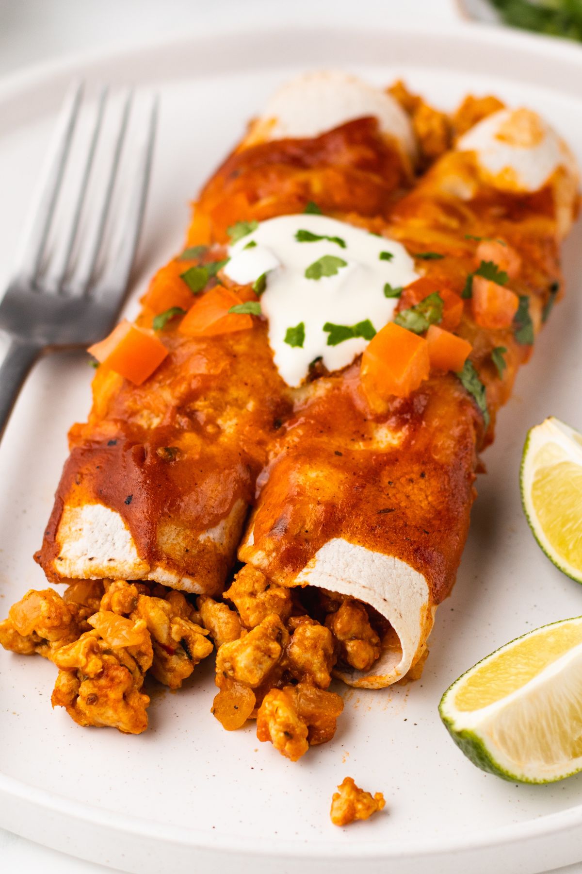 closeup shot of two leftover turkey enchiladas on a white plate topped with a dollop of greek yogurt, diced tomatoes, and fresh cilantro with two lime wedges and a silver fork on either side.