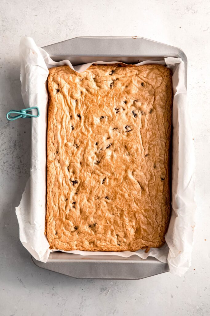 baked cranberry white chocolate bars in the pan.