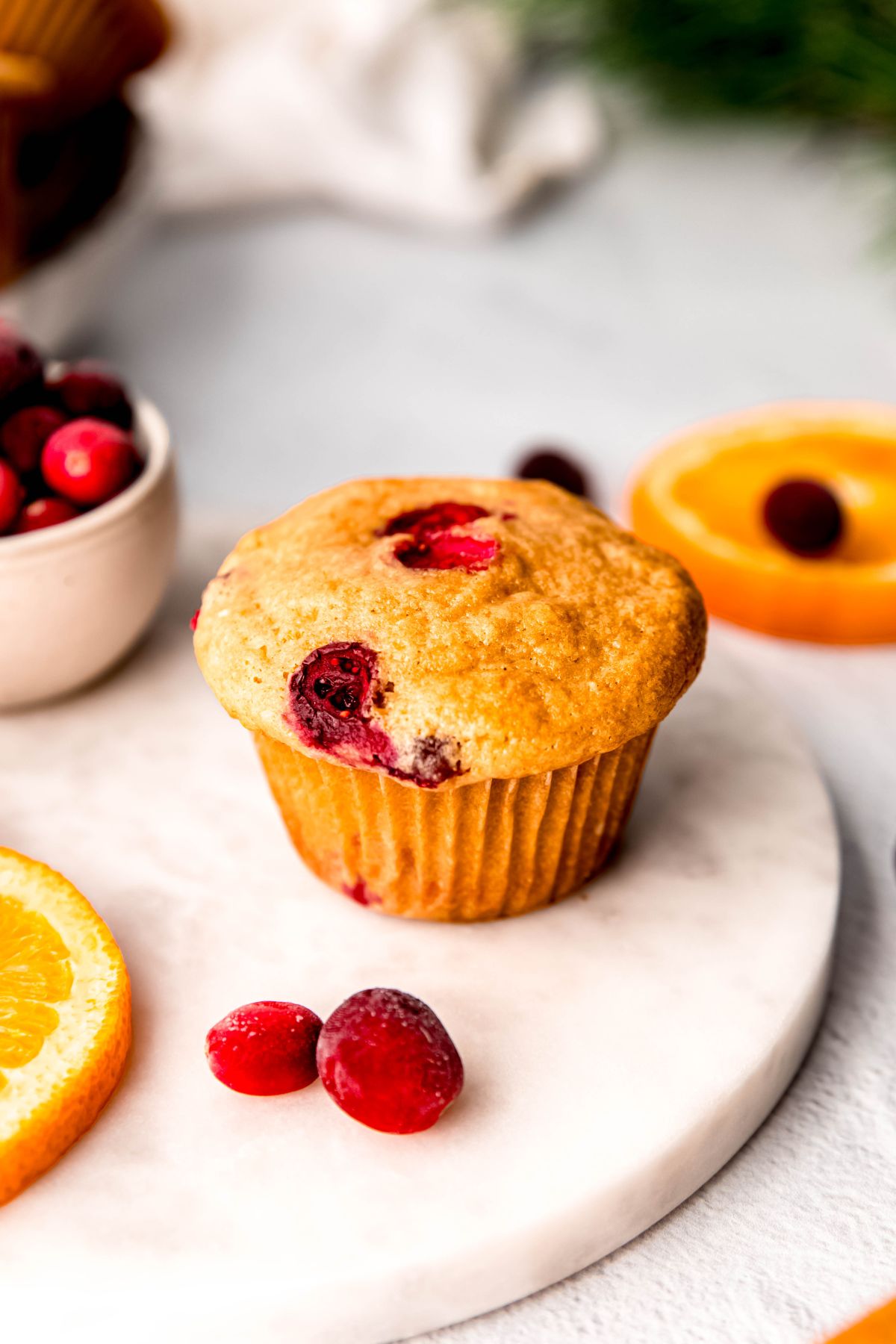45 degree angle shot of a single cranberry orange muffin with protein powder on a white table with fresh cranberries and round orange slices.