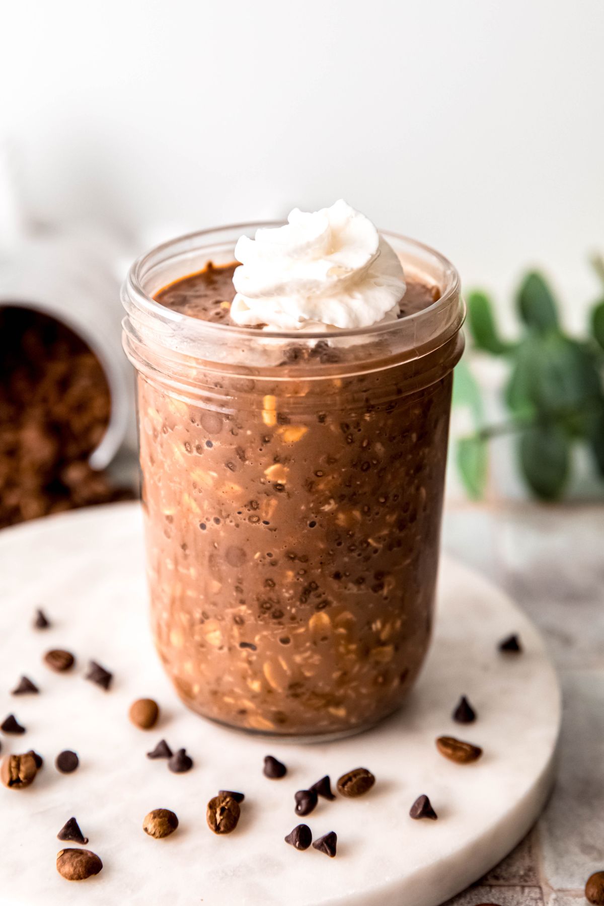 high protein mocha overnight oats in a pint sized mason jar topped with a squirt of whipped cream on a white table with mini chocolate chips and espresso beans scattered around.
