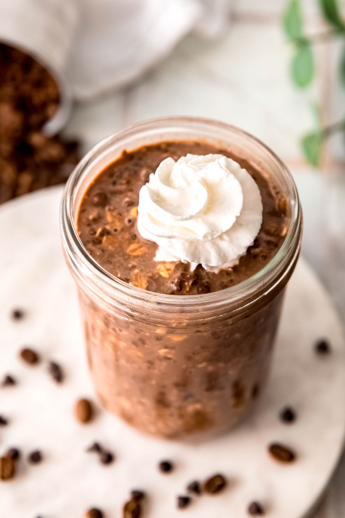 closeup 45 degree angle shot looking at the whipped cream garnish on a jar of high protein mocha coffee overnight oats; you can see the texture of the oats and mini chocolate chips.