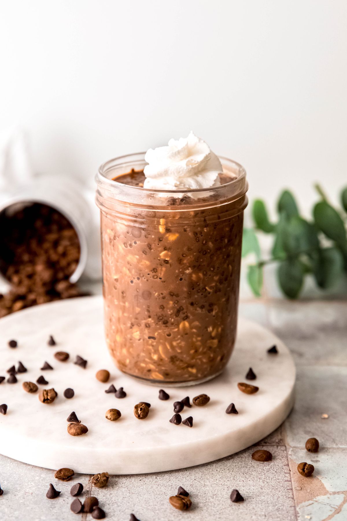 whipped cream garnished jar of mocha protein overnight oats on a table with mini chocolate chips and espresso beans in a tipped over jar with the contents scattered around on the table.