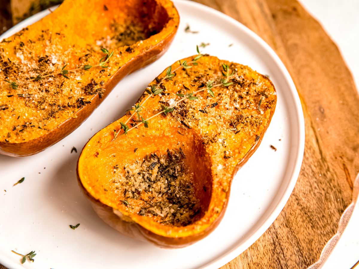 horizontal hero image of a halved roasted honeynut squash on a white dinner plate on a wooden tray on a white table.