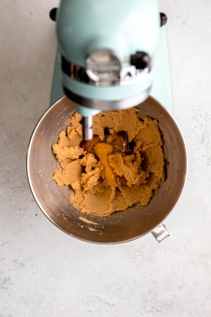 vanilla and egg added to the creamed butter and sugar mixture.