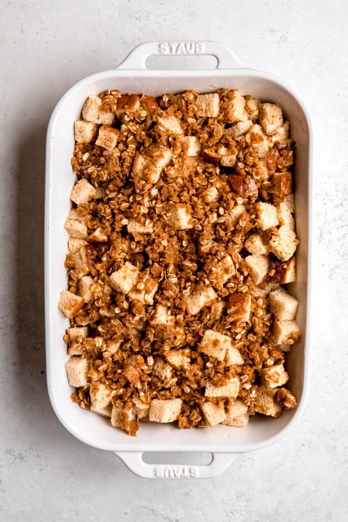 The eggnog french toast casserole before baking.