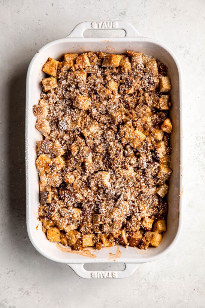 An overhead shot of a pan of baked eggnog French toast.