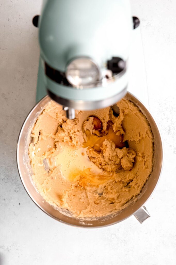 eggs, vanilla, and eggnog added to the creamed butter mixture.