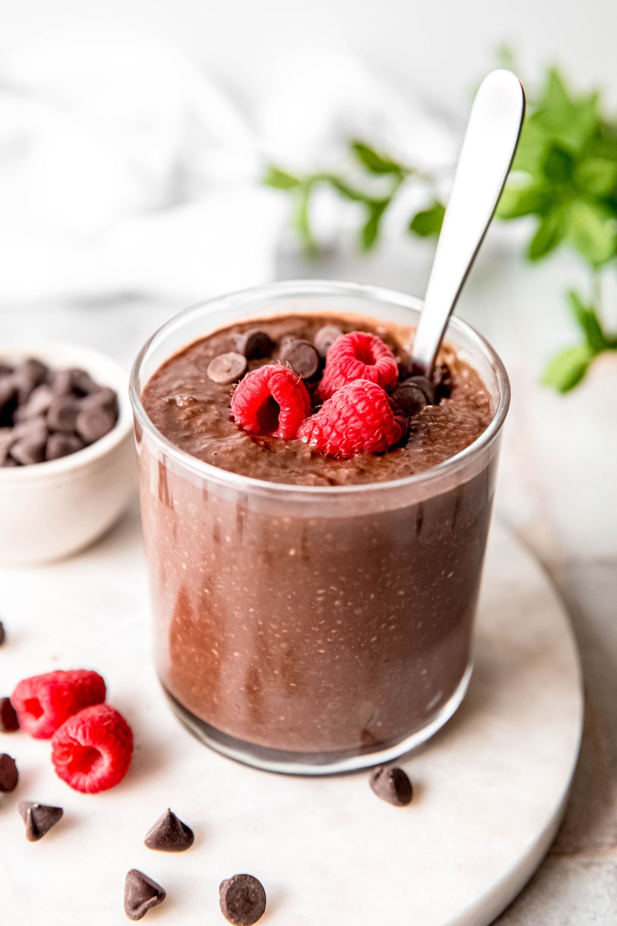 silver spoon stuck in a glass of chocolate high protein chia seed pudding topped with raspberries and chocolate chips; the spoon is standing upright, showing the density of the pudding.
