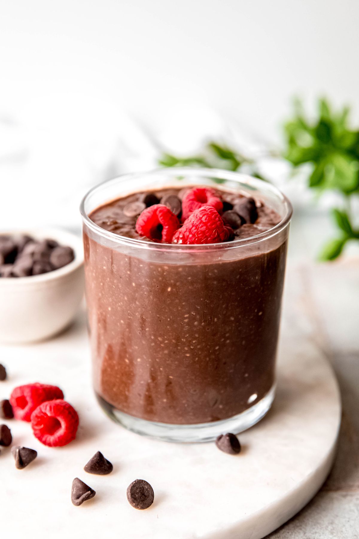 chocolate protein chia pudding in a clear glass on a white table with a green houseplant and a pinch bowl of chocolate chips blurred out in the back and fresh raspberries and chocolate chips in the foreground.