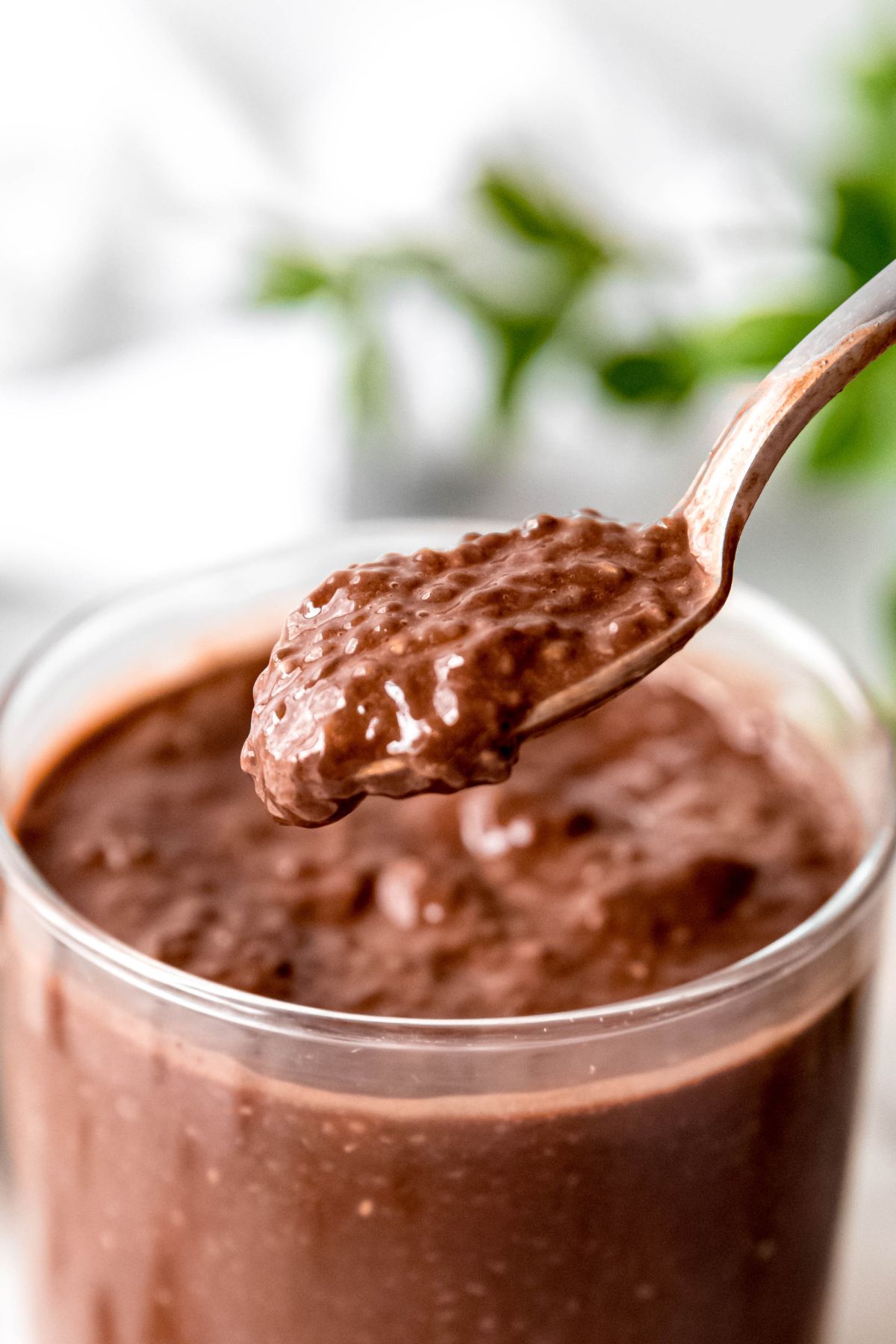 closeup shot of a silver spoon taking out a spoonful of chocolate protein powder chia seed pudding from a glass, showing the slightly tapioca-like texture closeup.