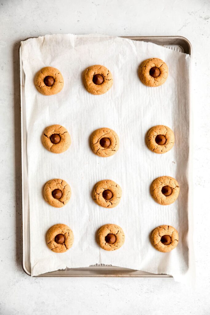 The gluten-free peanut butter blossom cookies on a tray after baking.