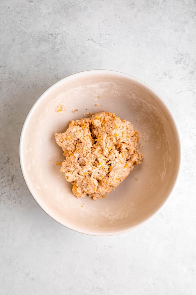 cheddar sausage ball mixture in the bowl after mixing.
