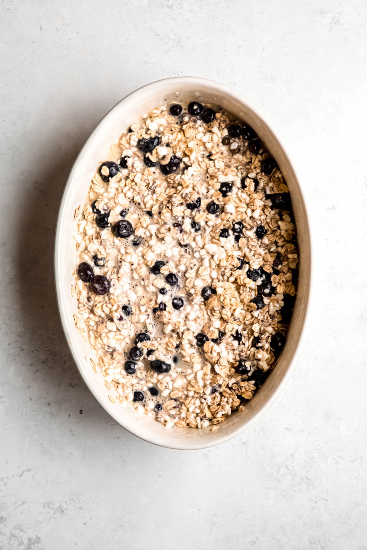 blueberry oatmeal mixture after pouring into a casserole dish.
