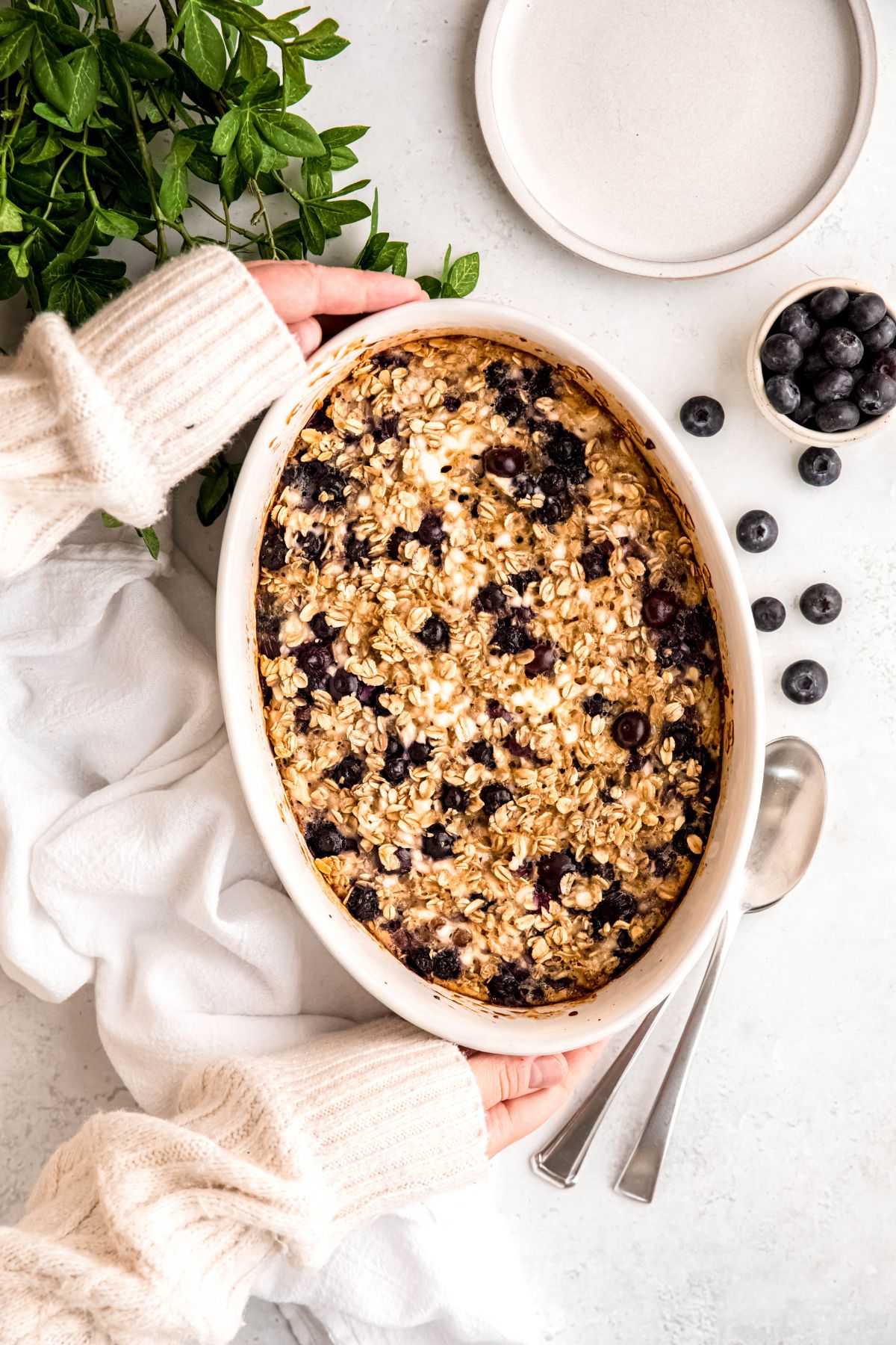 hands in a cozy white sweater up to the knuckles setting down an oval white casserole dish filled with high protein blueberry baked oatmeal on a white table with a pinch bowl of fresh blueberries with a few spilled out and a green houseplant.