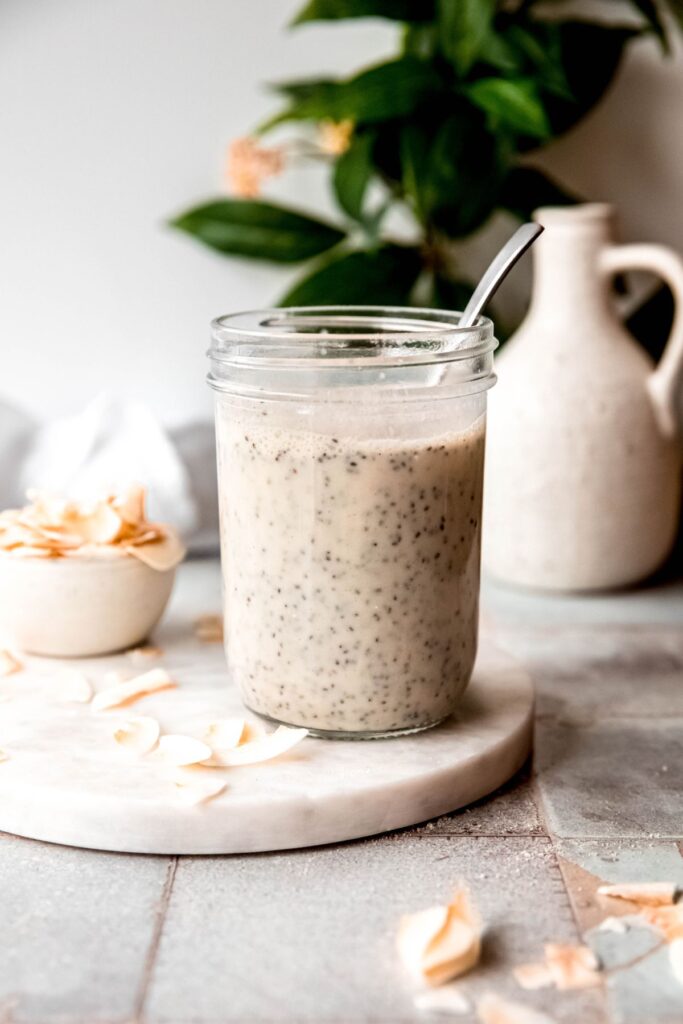 coconut chia pudding after adding the remaining ingredients to the protein milk mix.