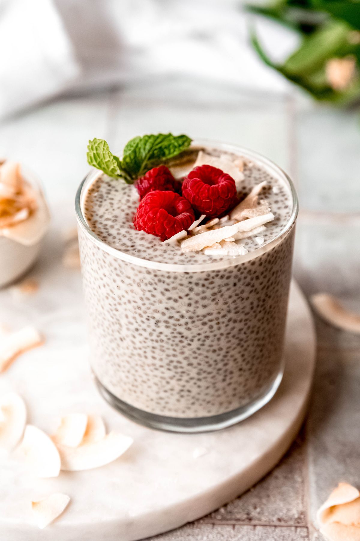 45 degree angle closeup shot of a clear glass filled with coconut chia seed pudding topped with fresh raspberries, toasted coconut and a sprig of fresh mint.