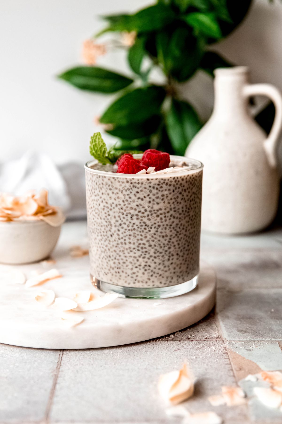 side on view of a glass of coconut chia seed protein pudding on a white table with toasted coconut flakes scattered around and garnished with fresh raspberries and mint.