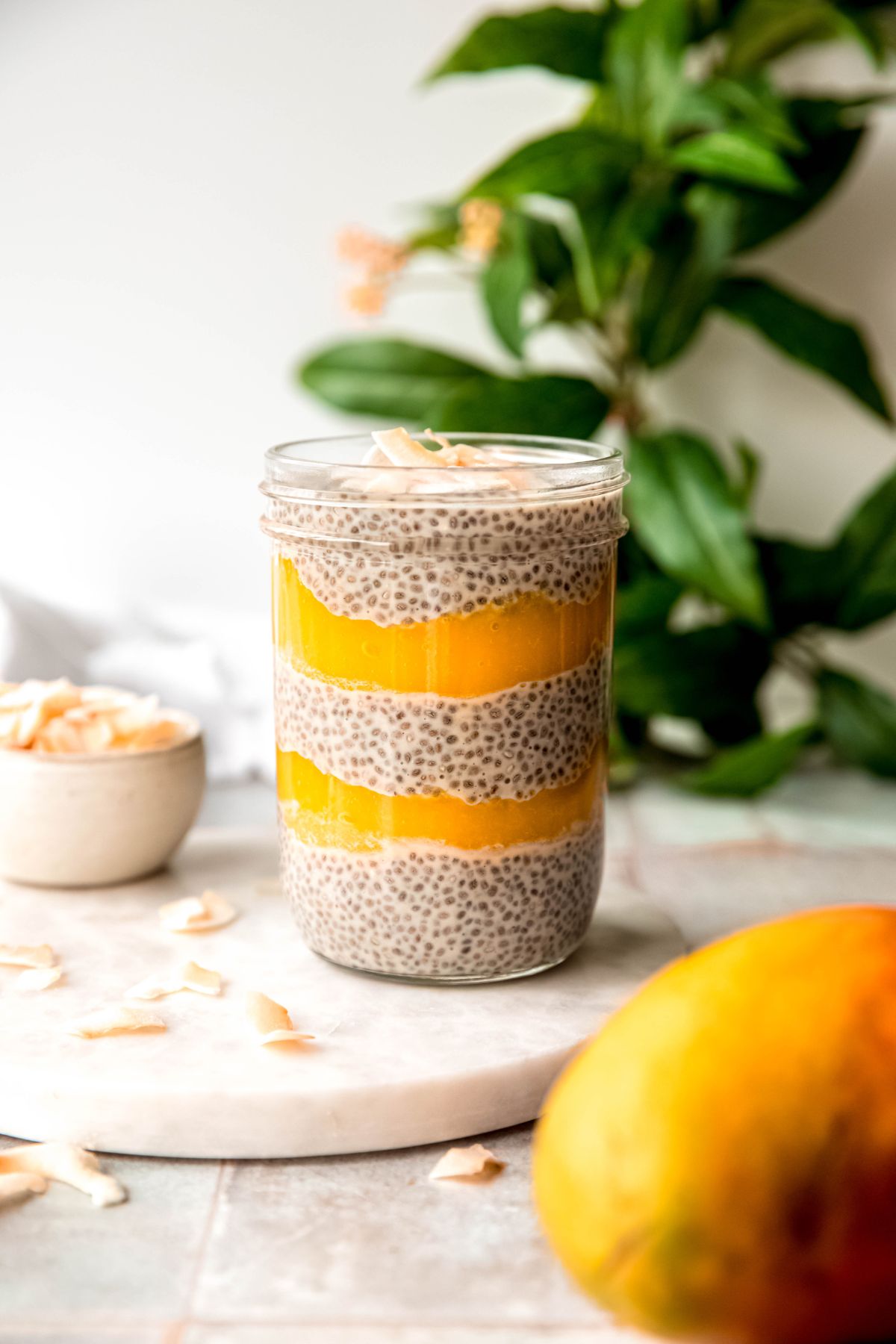 side on view of mango chia seed protein pudding showing the layers of creamy coconut pudding with fresh mango puree.