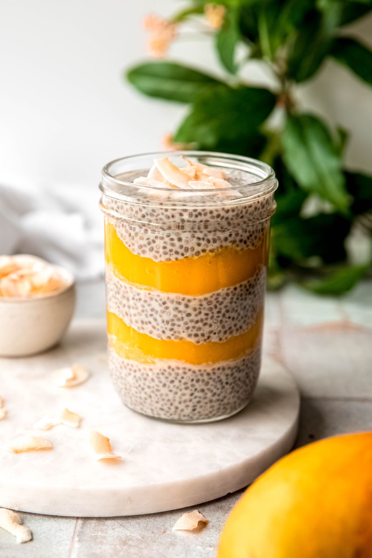 mango chia seed pudding on a white marble round on a grey slate tile table with a pinch bowl of toasted coconut flakes and a green houseplant blurred out in the background and a whole fresh mango in the foreground.