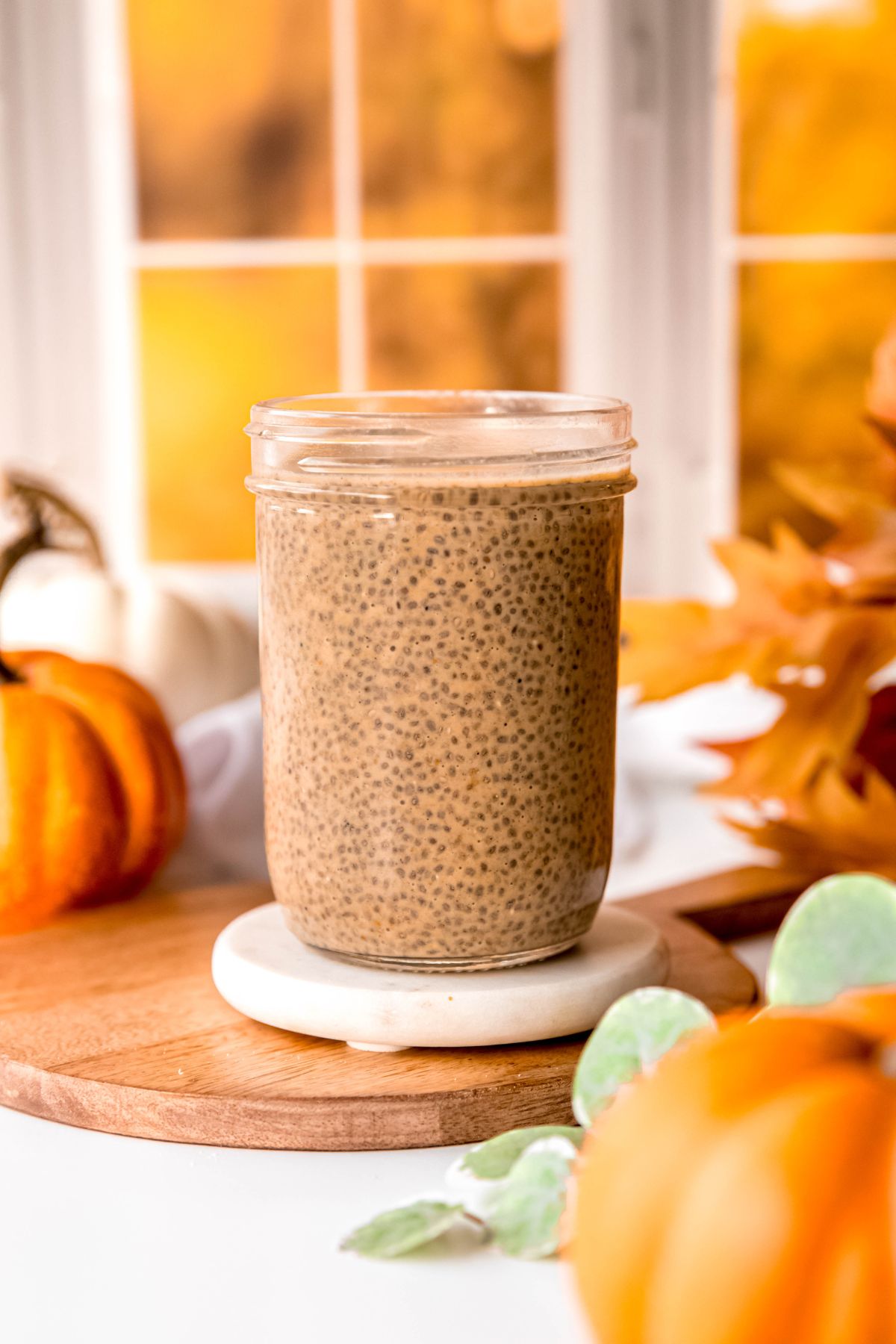 fully hydrated pumpkin chia protein pudding in a pint sized mason jar in front of a window with warm yellow light flooding through and pumpkins surrounding it.