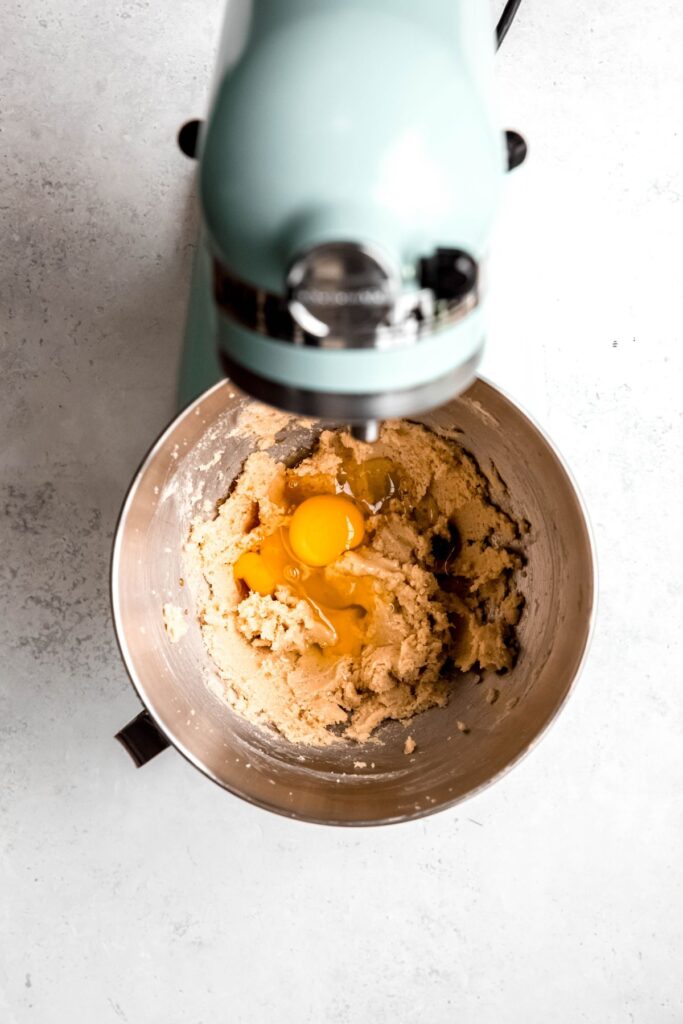 eggs and vanilla added to the creamed butter mixture.