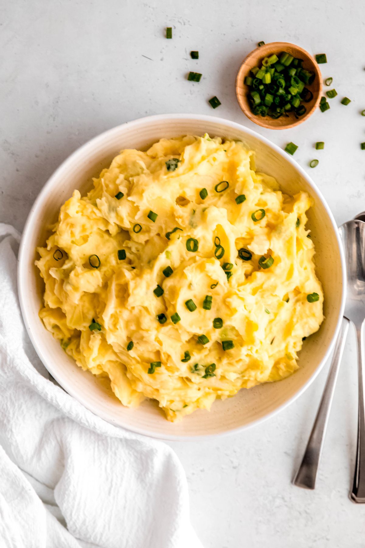 An overhead shot of a large bowl of irish mashed potatoes with cabbage.
