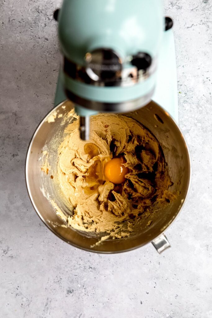 vanilla extract and egg added to the bowl with the creamed butter and sugar mixture.