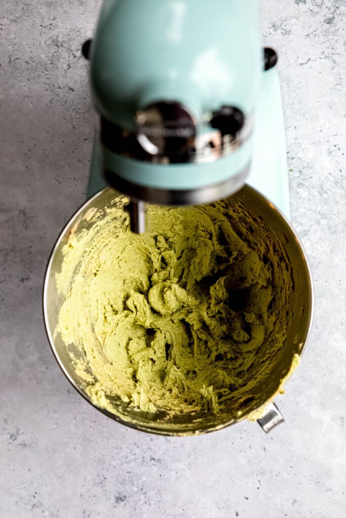 pistachio cookie dough after adding the dried ingredients, before adding inclusions.