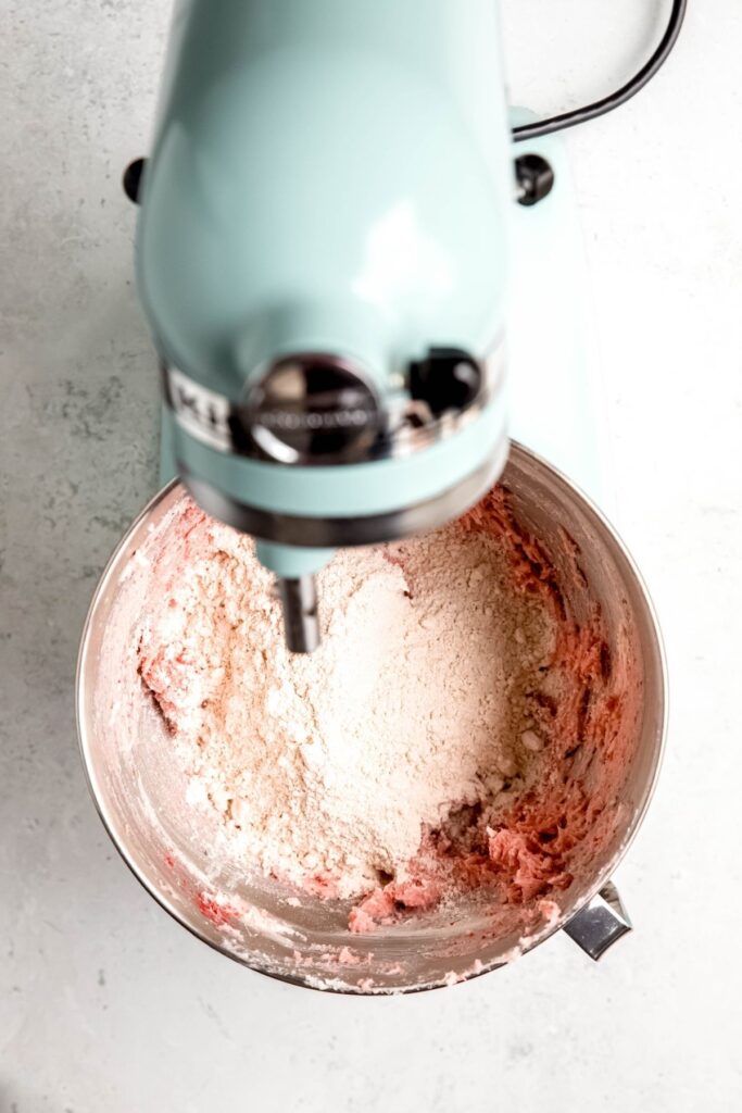 flour added to the bowl with the strawberry-butter mixture.