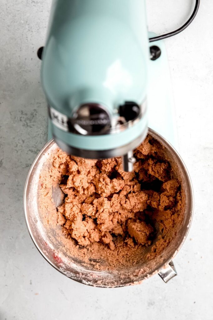 strawberry shortbread cookie dough after mixing in the flour.