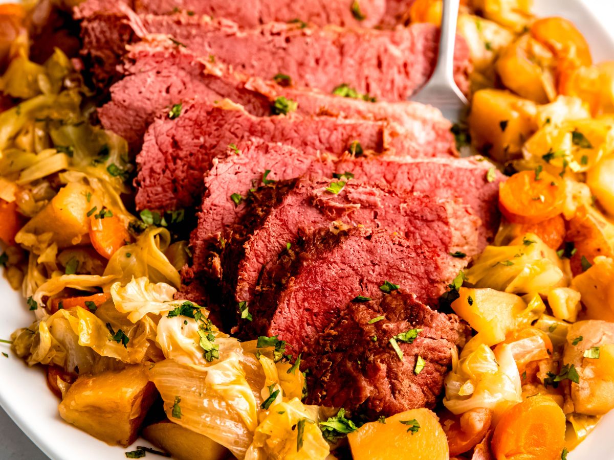 A horizontal shot of Dutch oven corned beef.