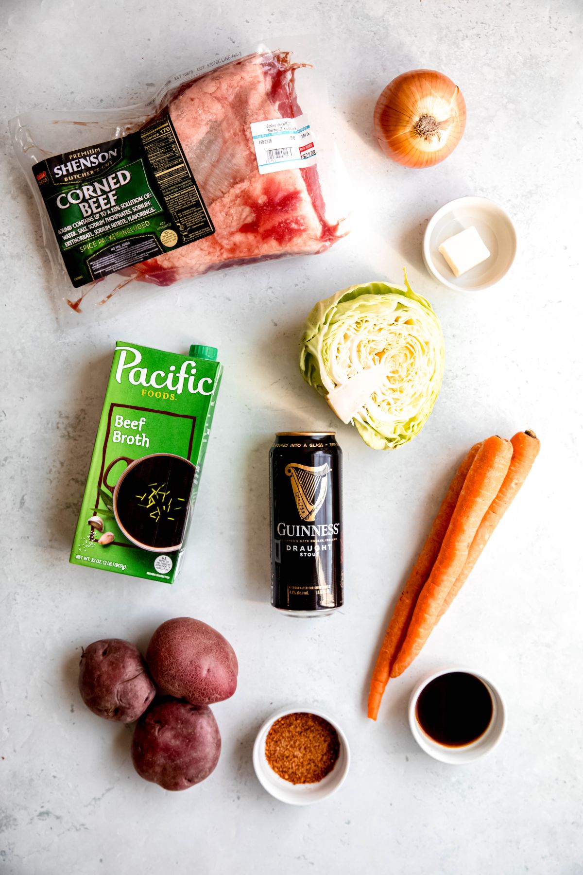 All the ingredients needed to make Dutch oven corned beef.