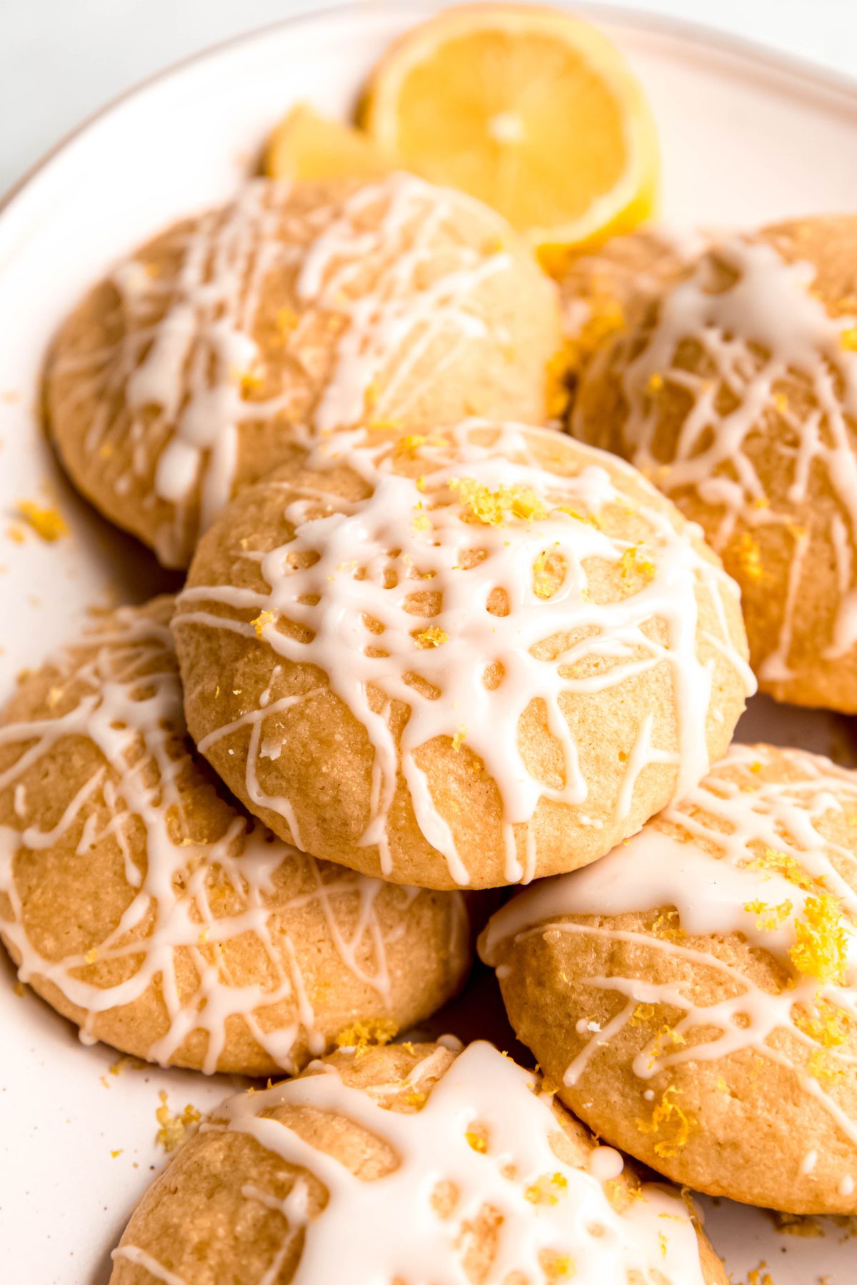45 degree angle closeup shot of lemon ricotta cookies made with whole wheat pastry flour.
