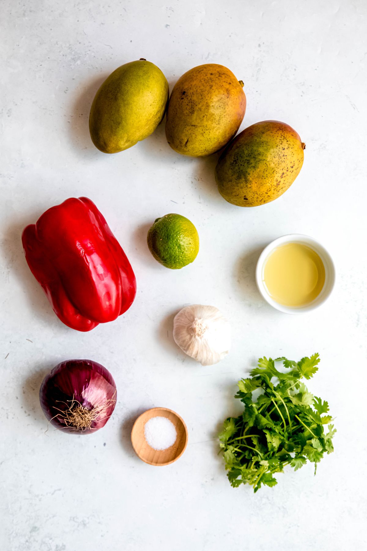 ingredients needed to make fresh mango salsa recipe measured out on a white table.