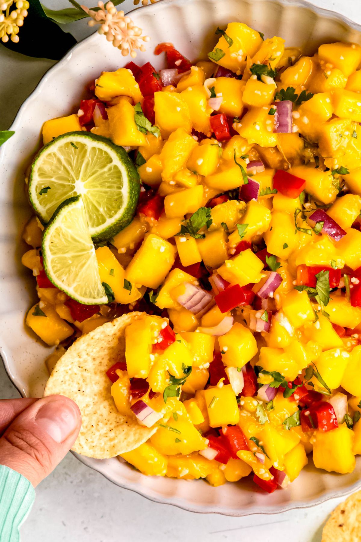 closeup overhead shot of a hand dipping a tortilla chip into a bowl of fresh mango salsa.
