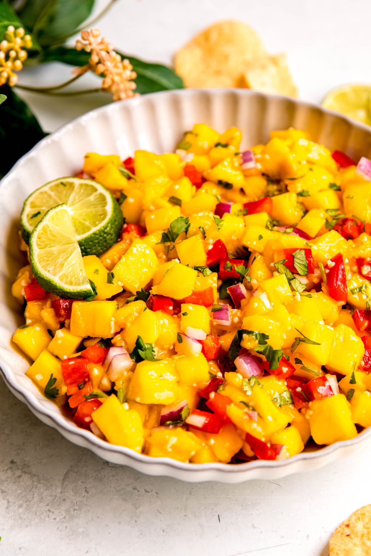 45 degree angle closeup shot of a serving bowl of slightly spicy mango salsa tipped with a fresh slice of lime on a white table with a green houseplant giving off yellow blooms.