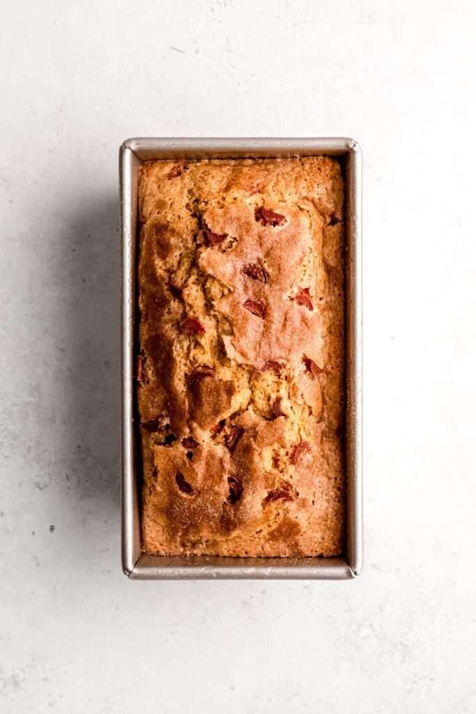 rhubarb bread in the loaf pan after baking.