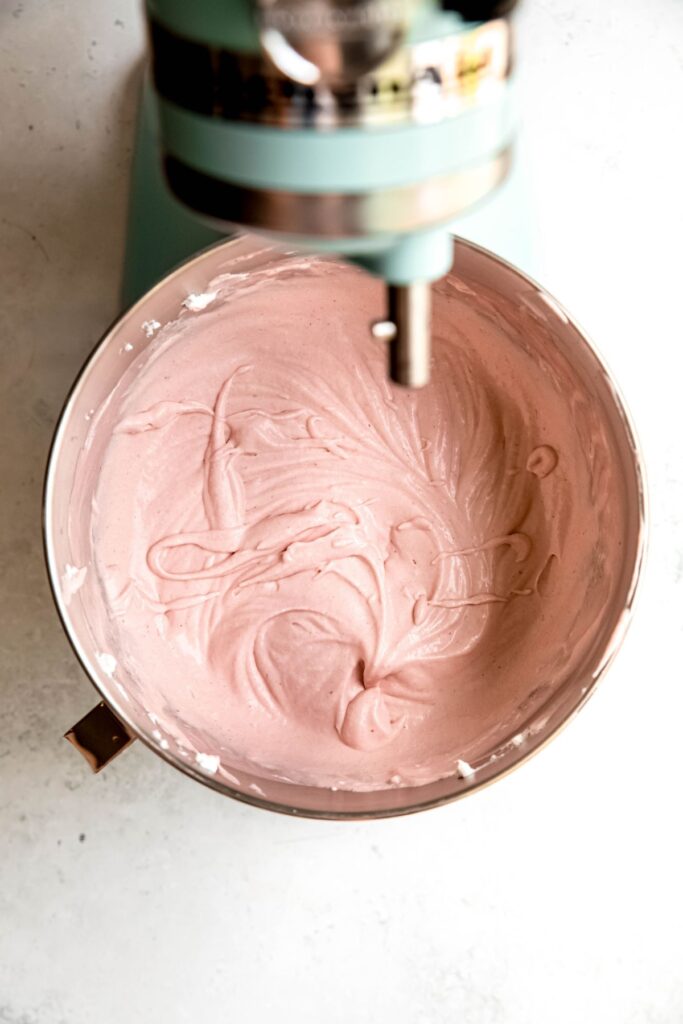 strawberry protein fluff after folding the strawberry cottage cheese mixture and the whipped cream together.